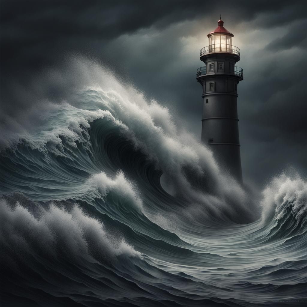 Waves Crash on Lighthouse in Dark Artwork