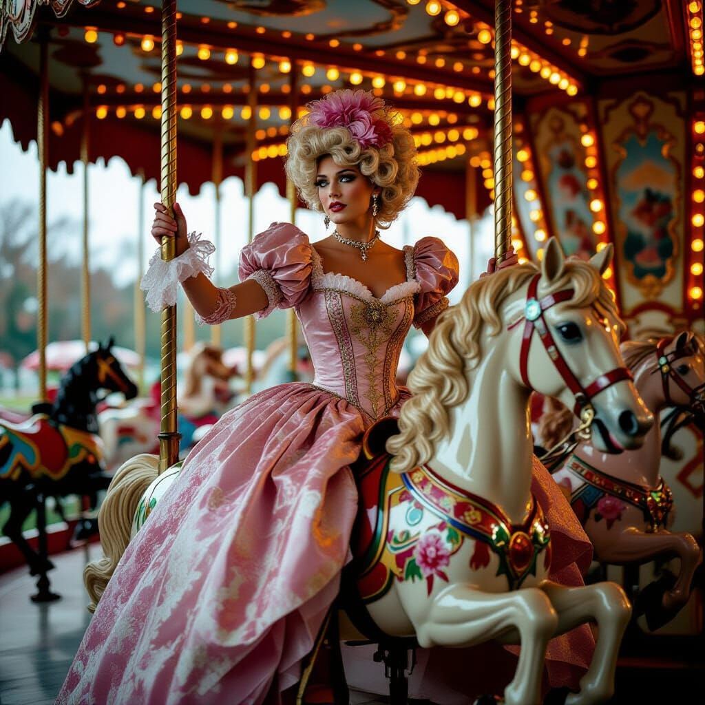 Crossdressed Performer on Vintage Carousel Horse