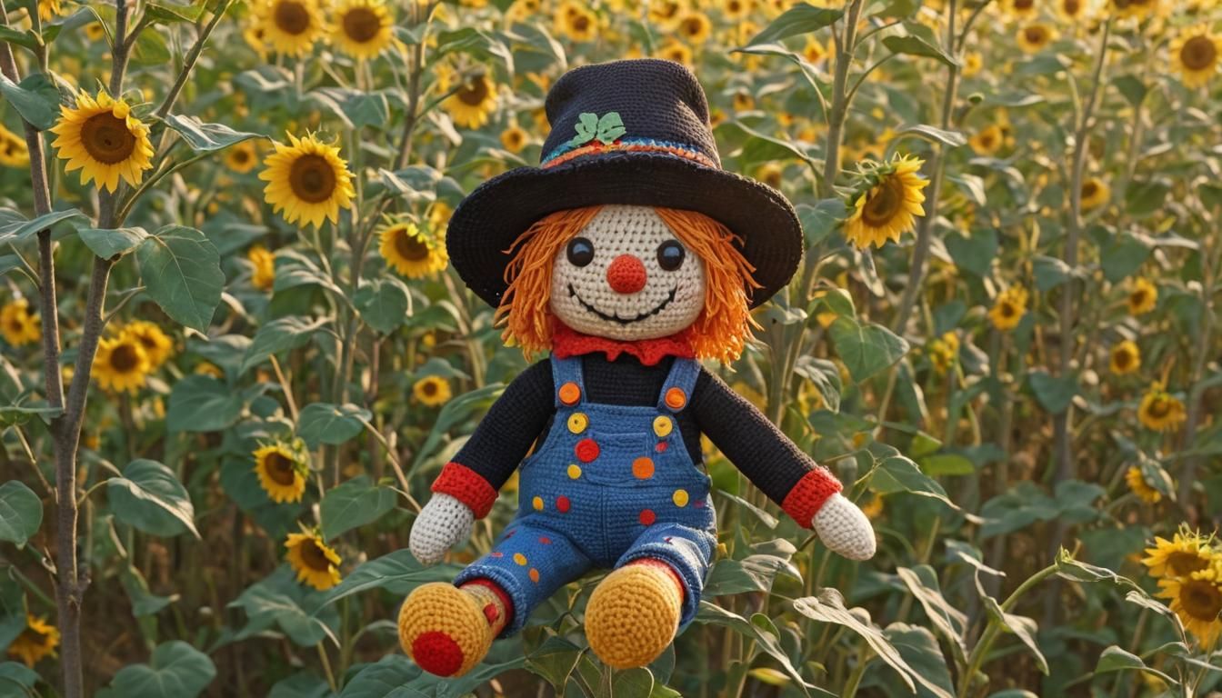 Cute Scarecrow Doll in Sunflower Field