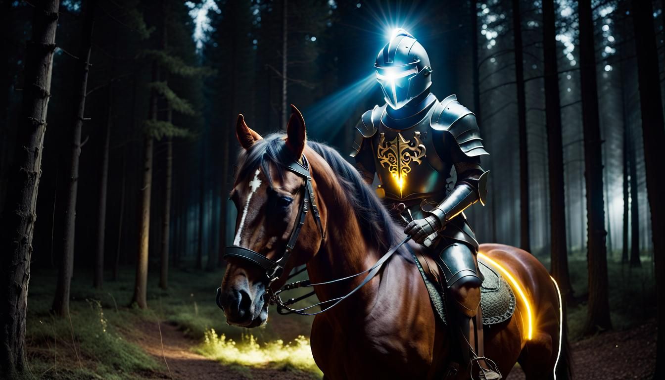 Knight Illuminated in Midnight Forest
