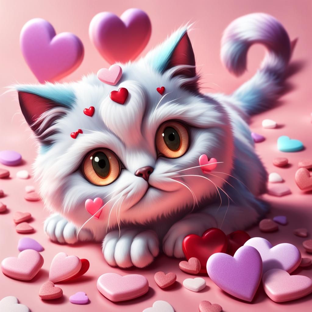 Adorable 3D Fluffy Cat with Heart Eyes