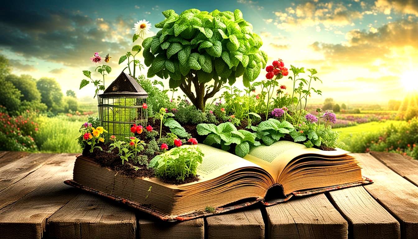 Antique Gardening Book with Growing Garden