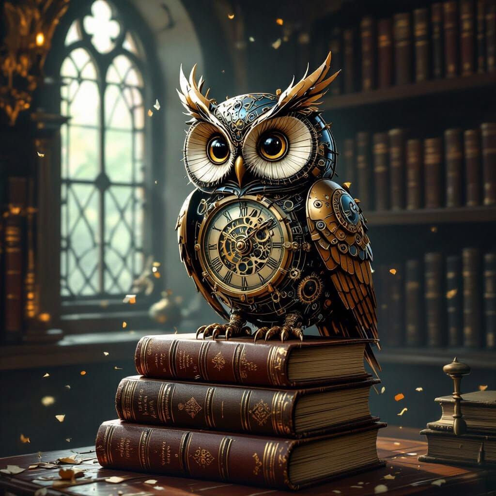 Clockwork Owl on Books in Moody Study