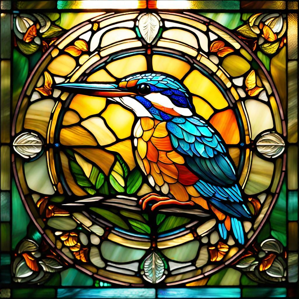 Intricate Kingfisher Stained Glass Window Design