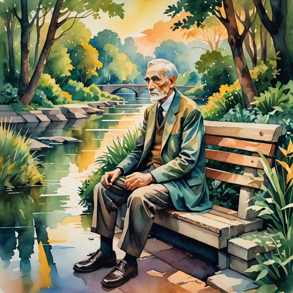 Neo-Cubist Watercolor of Old Man by River