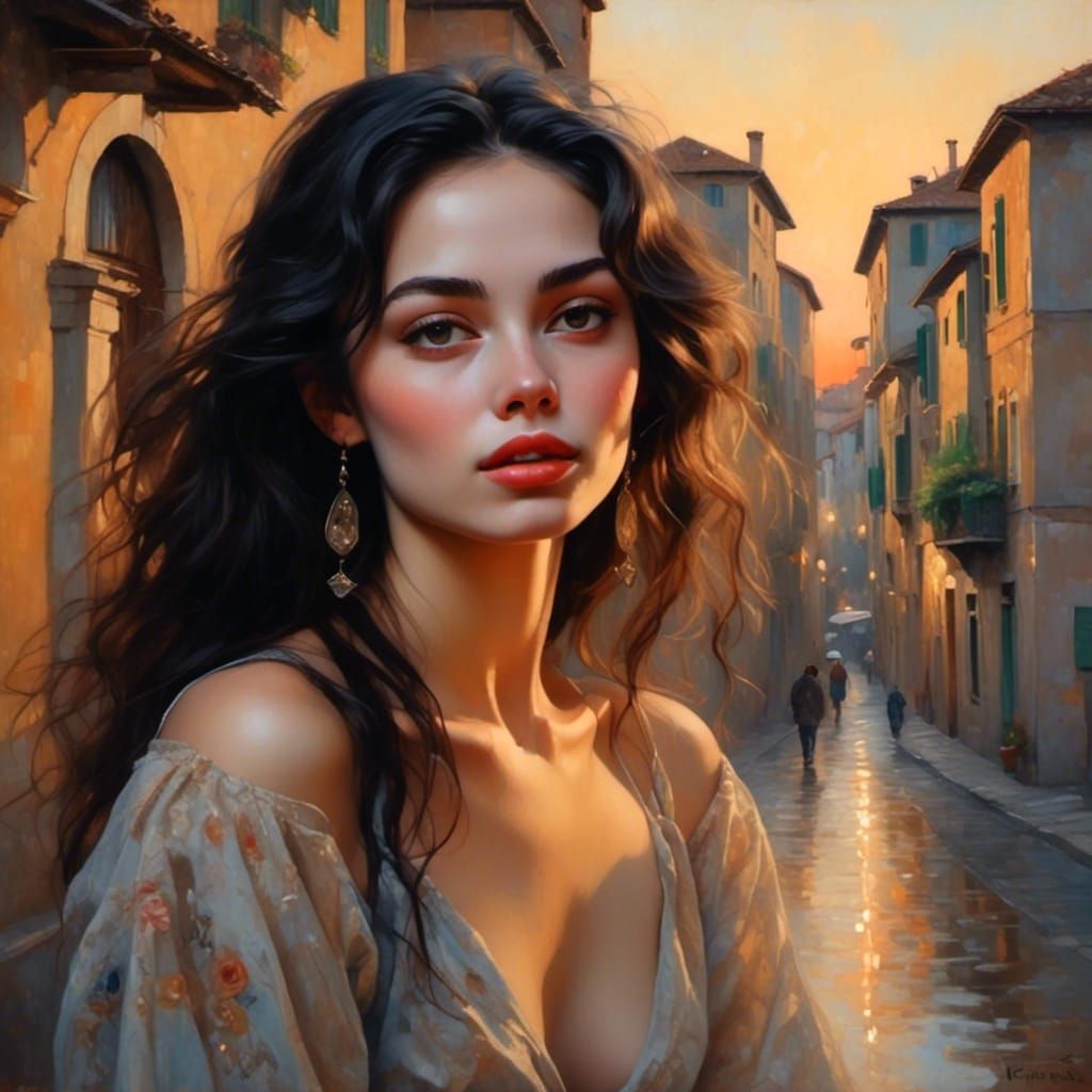 Sunset Portrait of a Black-Haired Woman