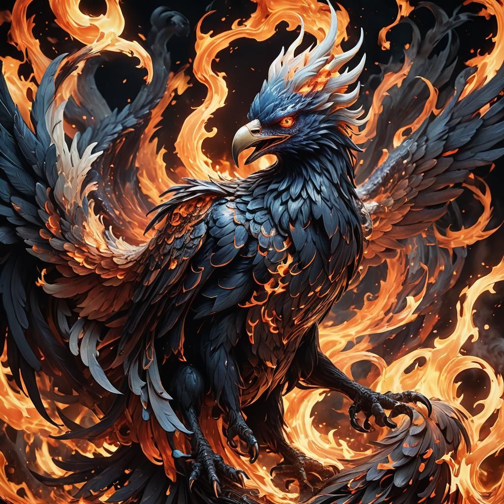 Demonic Porcelain Phoenix in Dark Anime Style