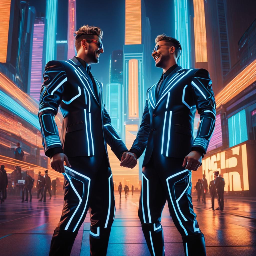 Gay Couple in Cyberpunk City, Hyperrealistic Style
