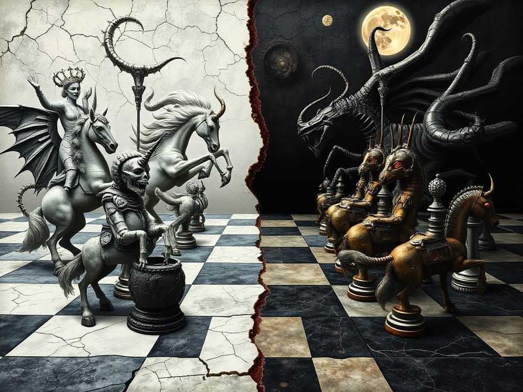 Surreal Chessboard Scene in the Style of Bosch