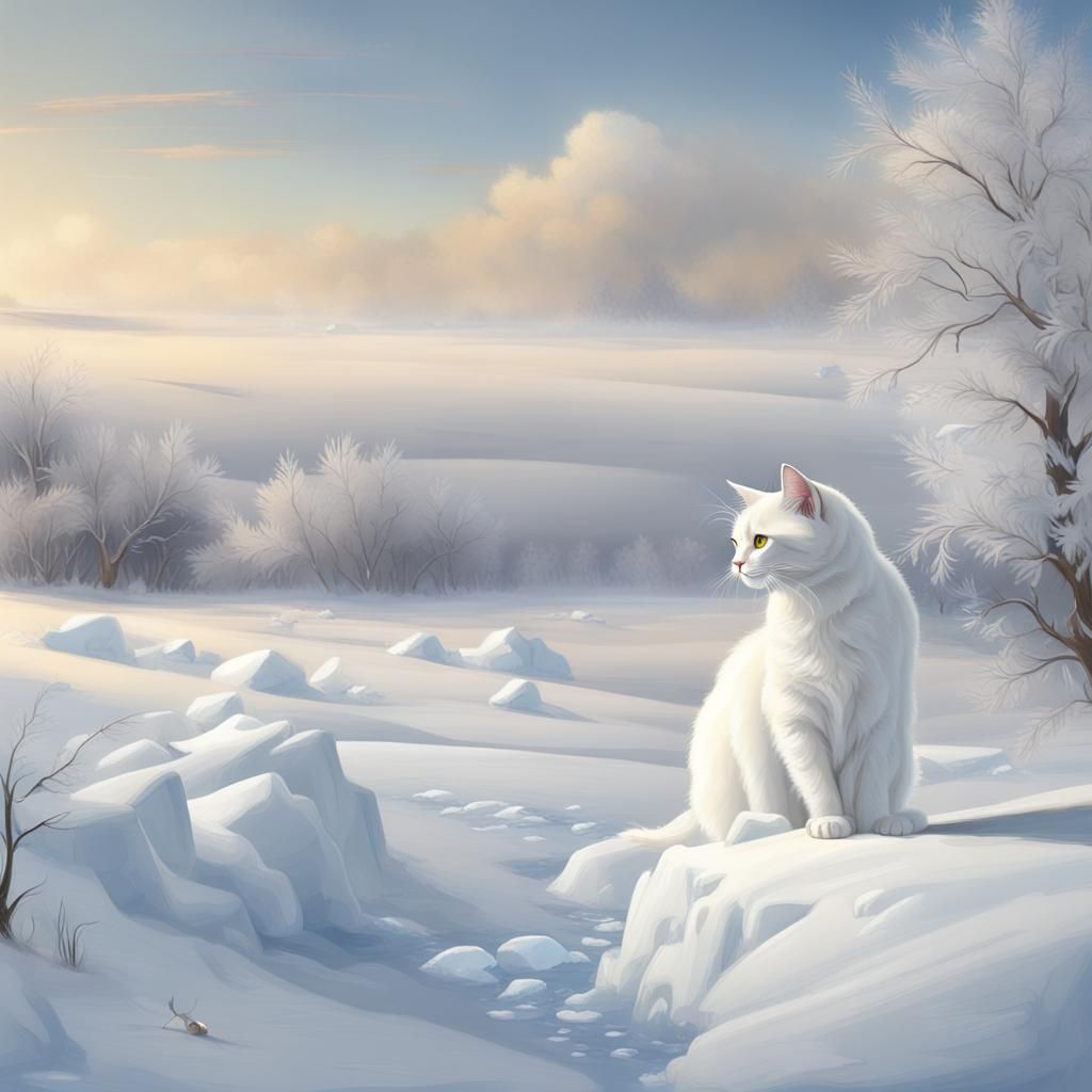 White Cat in a Snowy Winter Landscape