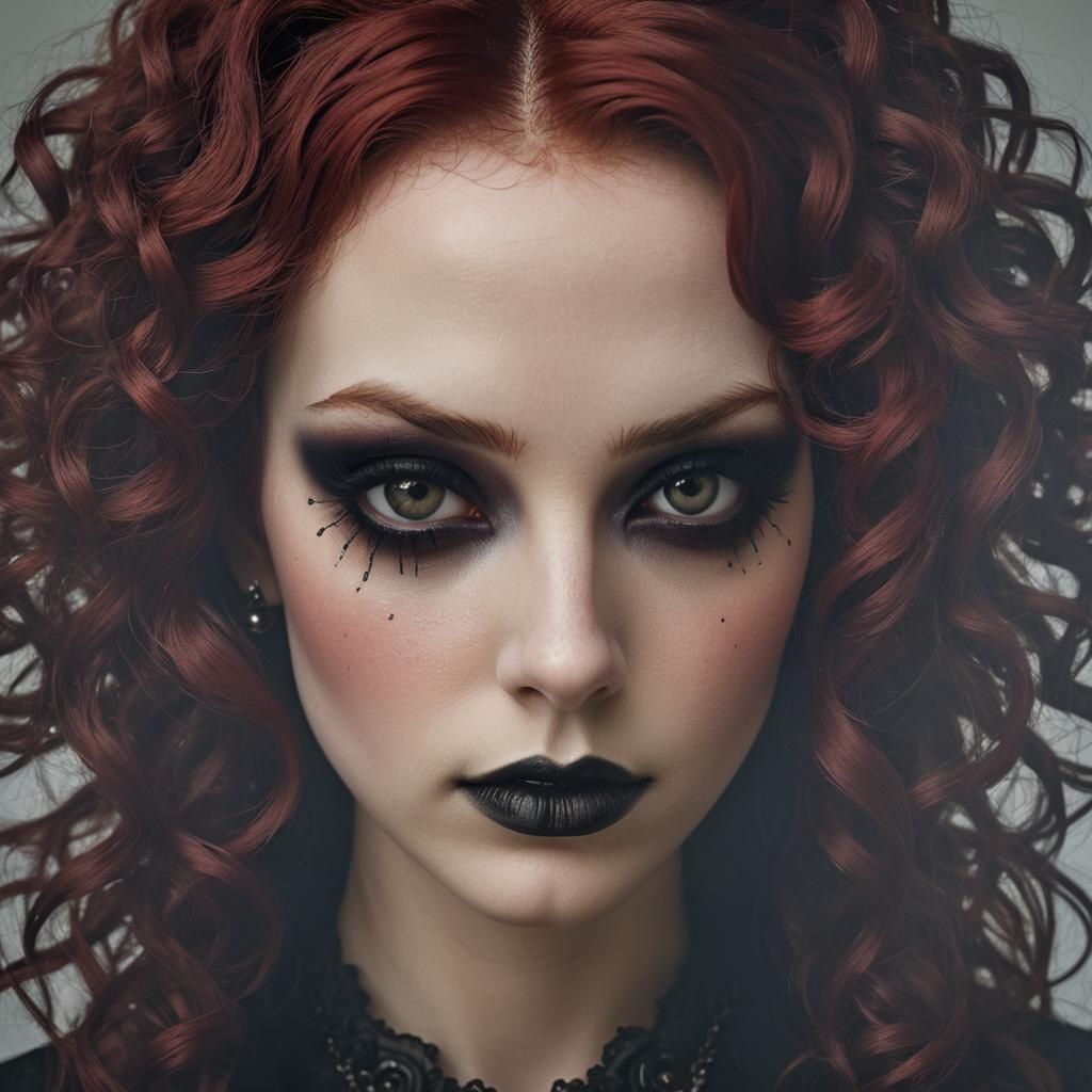 A teenage goth. Her thick dark makeup is exquisitely applied...