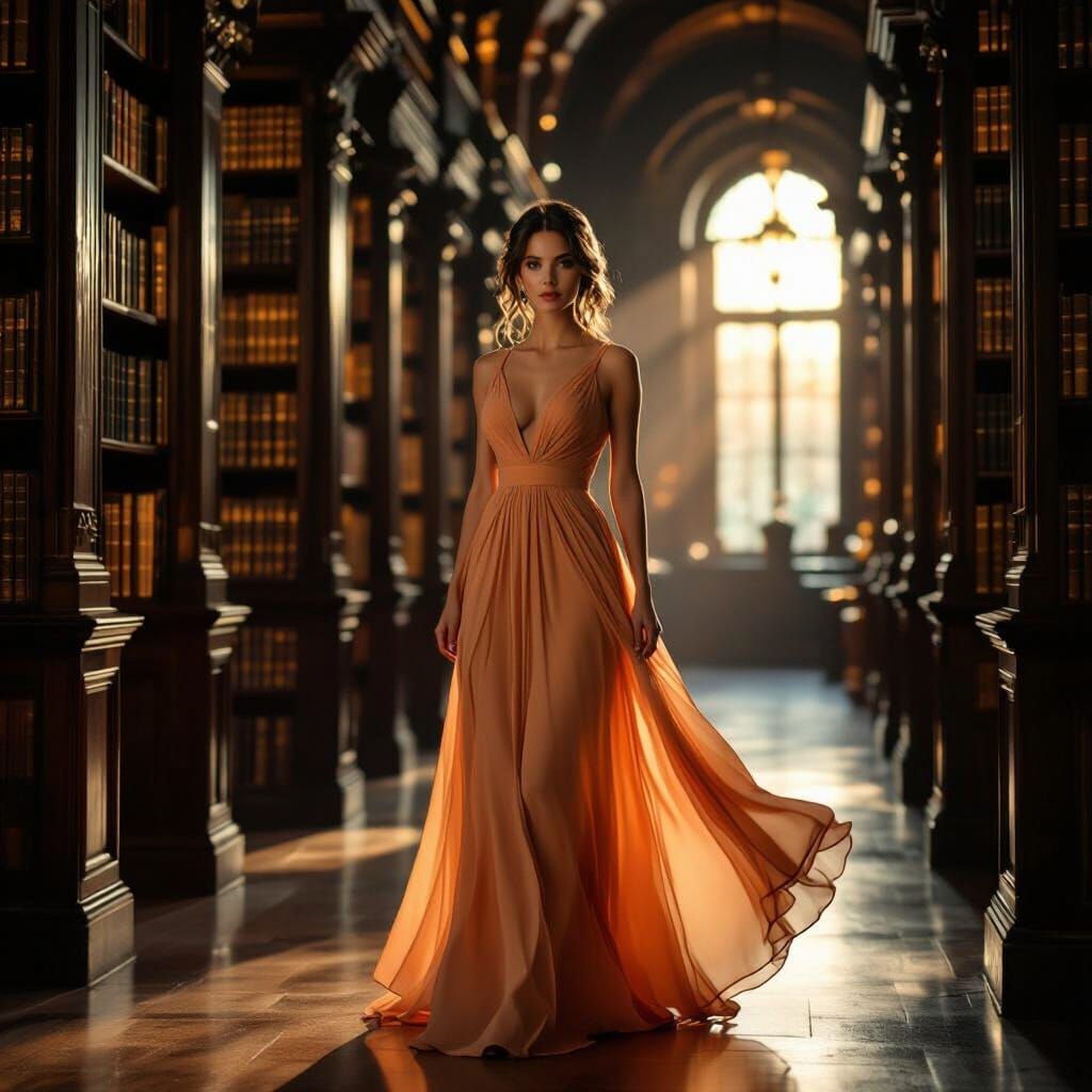 Woman in Flowing Orange Dress in Grand Library