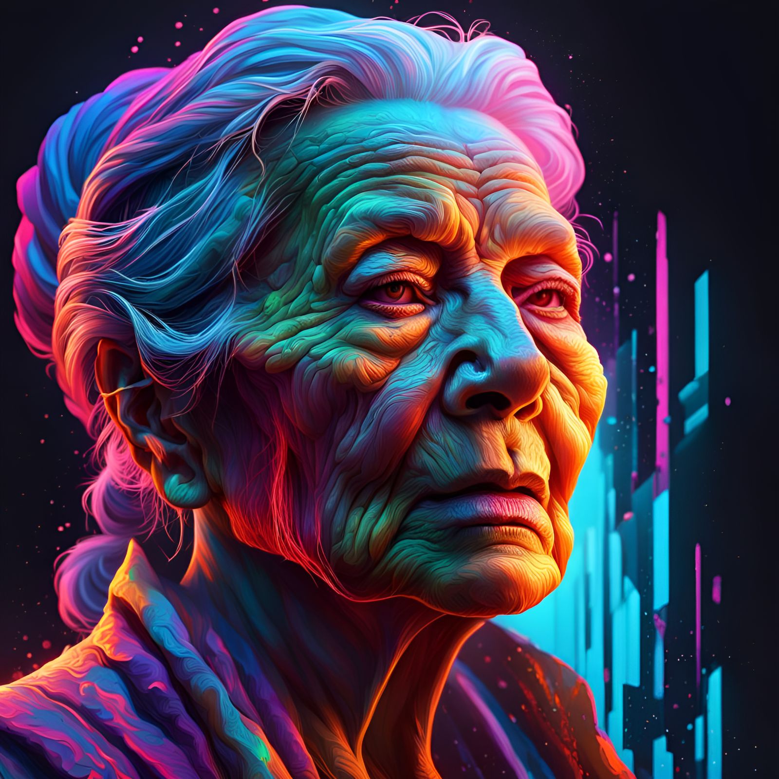 Hyperrealistic Old Woman in a Neon Dreamscape