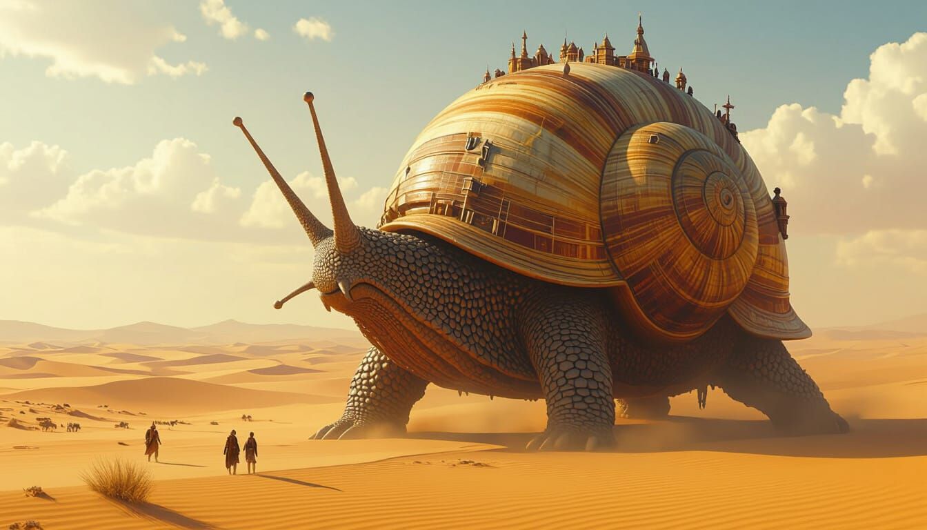 Nomadic City on Giant Snail Shell in Fantasy Desert