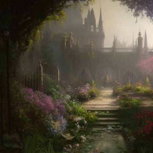 High Gothic Victorian Garden in Sunlight