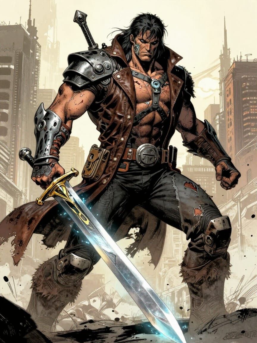 Rugged Anti-Hero with Bio-Armor Wields Energy Sword
