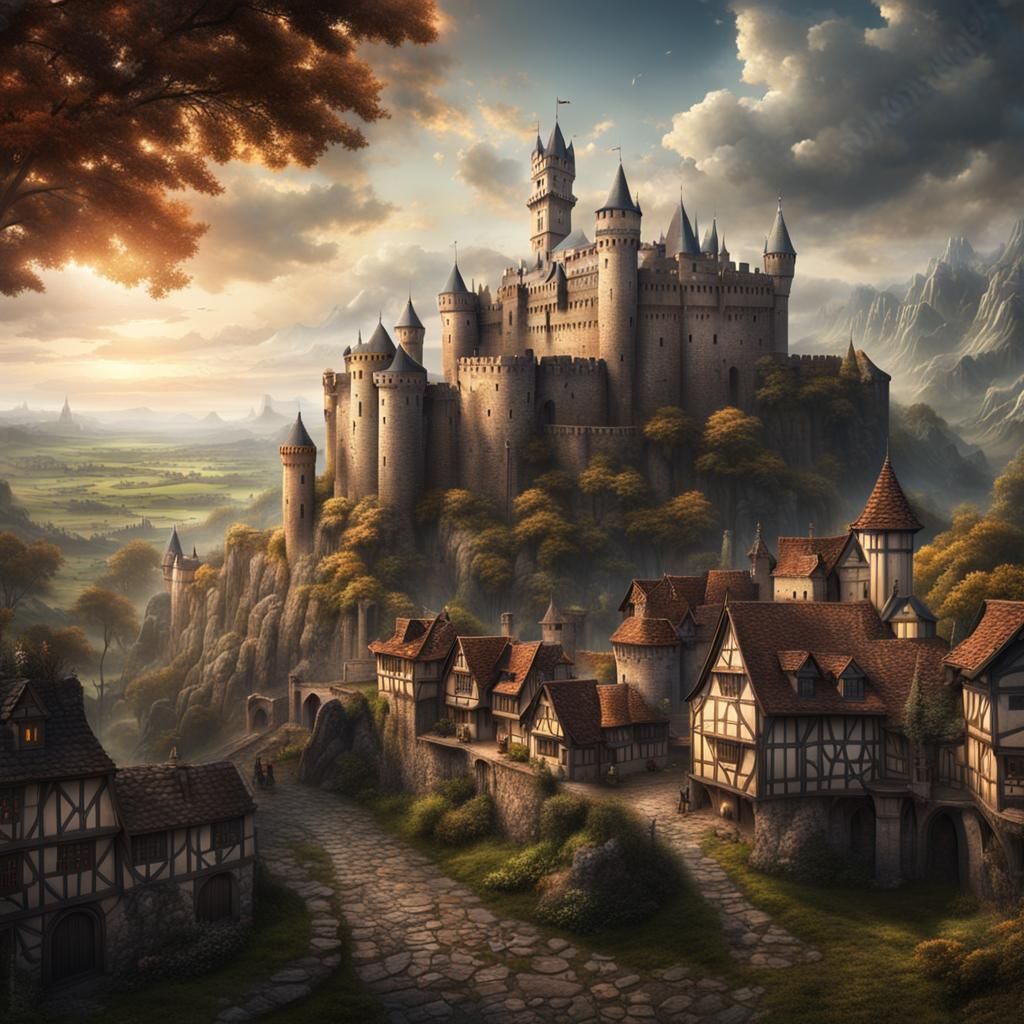 Majestic Medieval Town with Castle and Walls