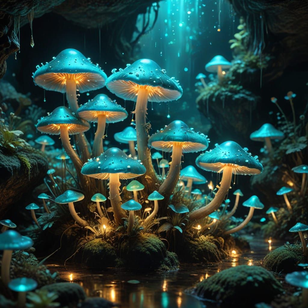 Ethereal Grotto Scene in Vibrant Teal and Gold