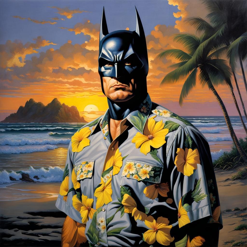 Batman's Hawaiian Vacation: Photorealistic Oil Painting