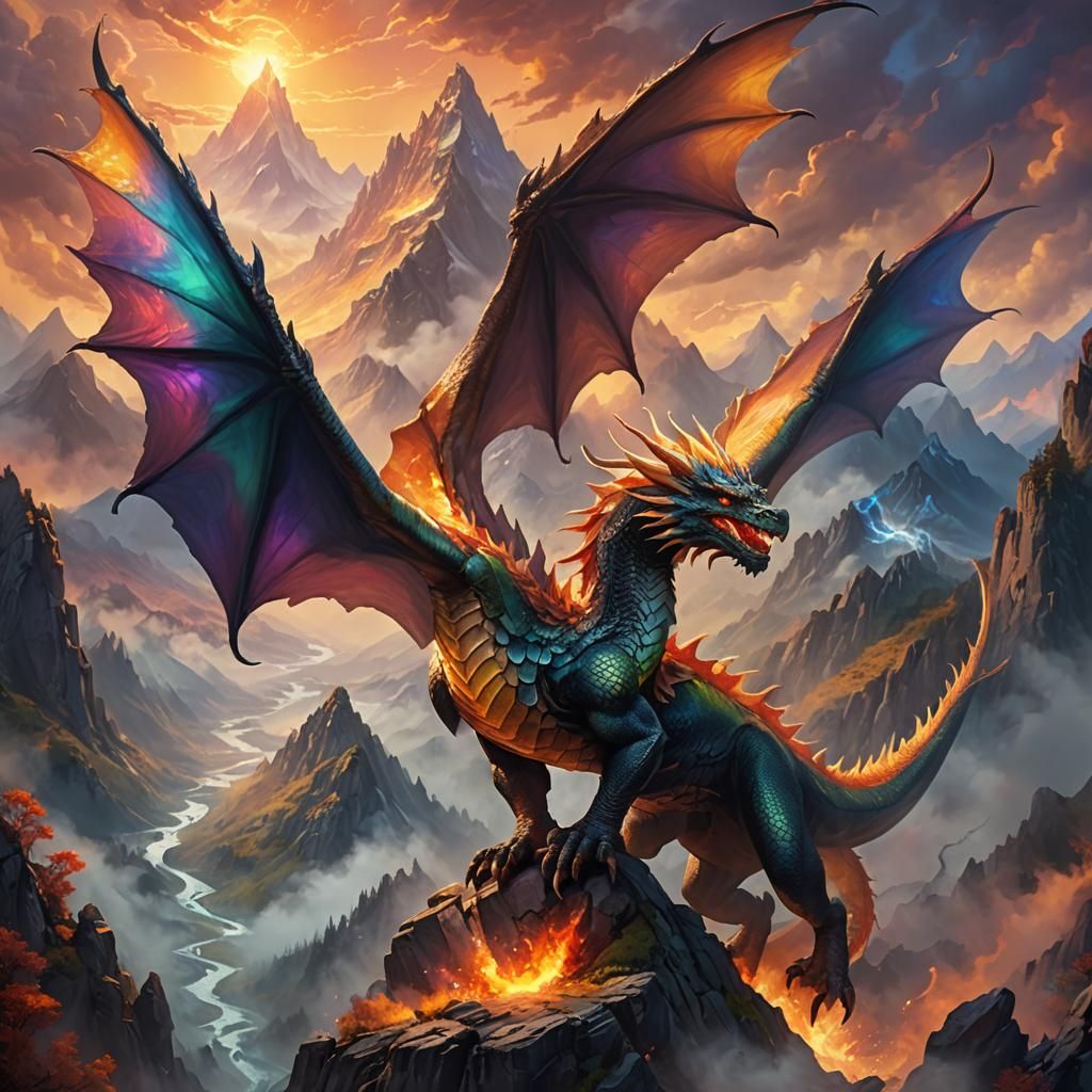 Elemental Dragon Soaring Through Misty Mountains