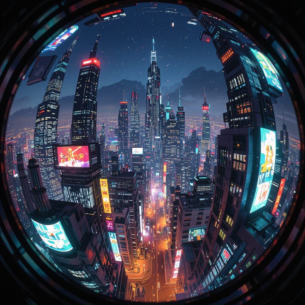 Hyper Futuristic City at Night in Fisheye View