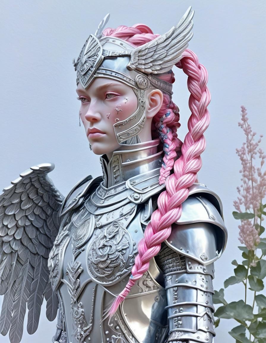Glass Sculpture of Valkyrie with Pink Braids
