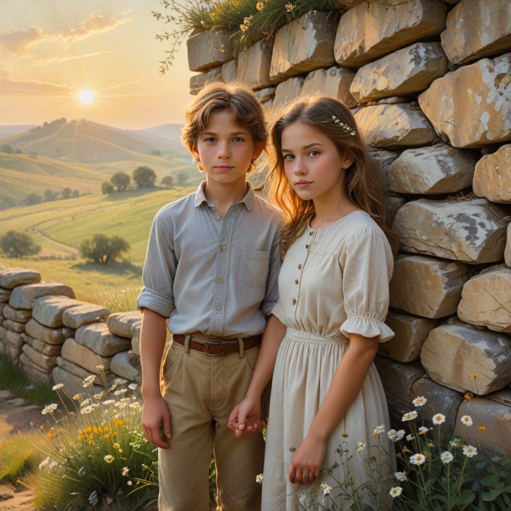 Siblings Standing Before a Majestic Stone Wall in a Serene O...