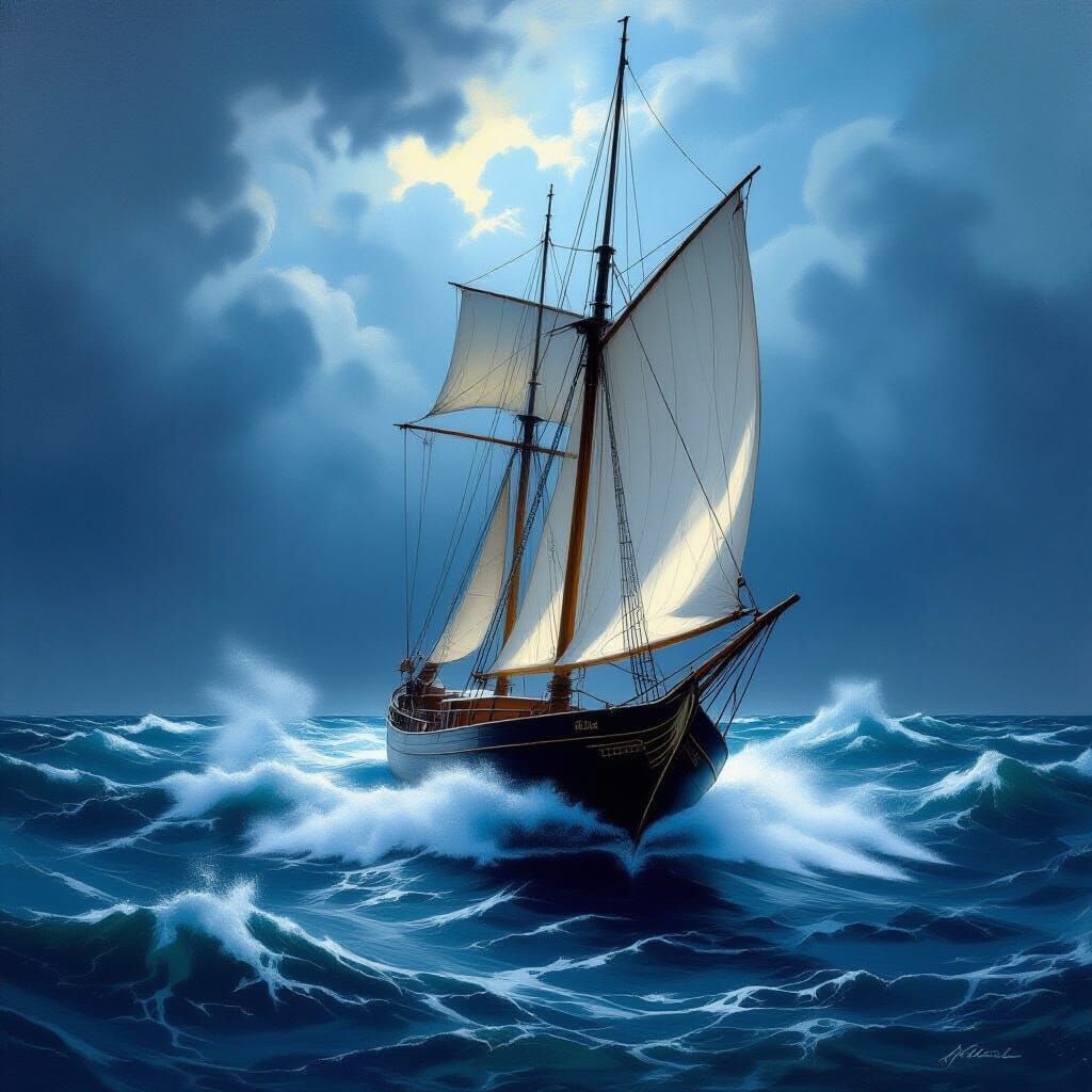 Majestic Sailing Boat on Turbulent Sea in Romantic Style