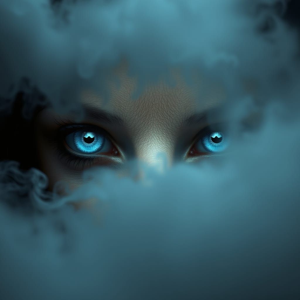 Glowing Blue Eyes Emerge from Fog and Smoke in a Dreamlike S...