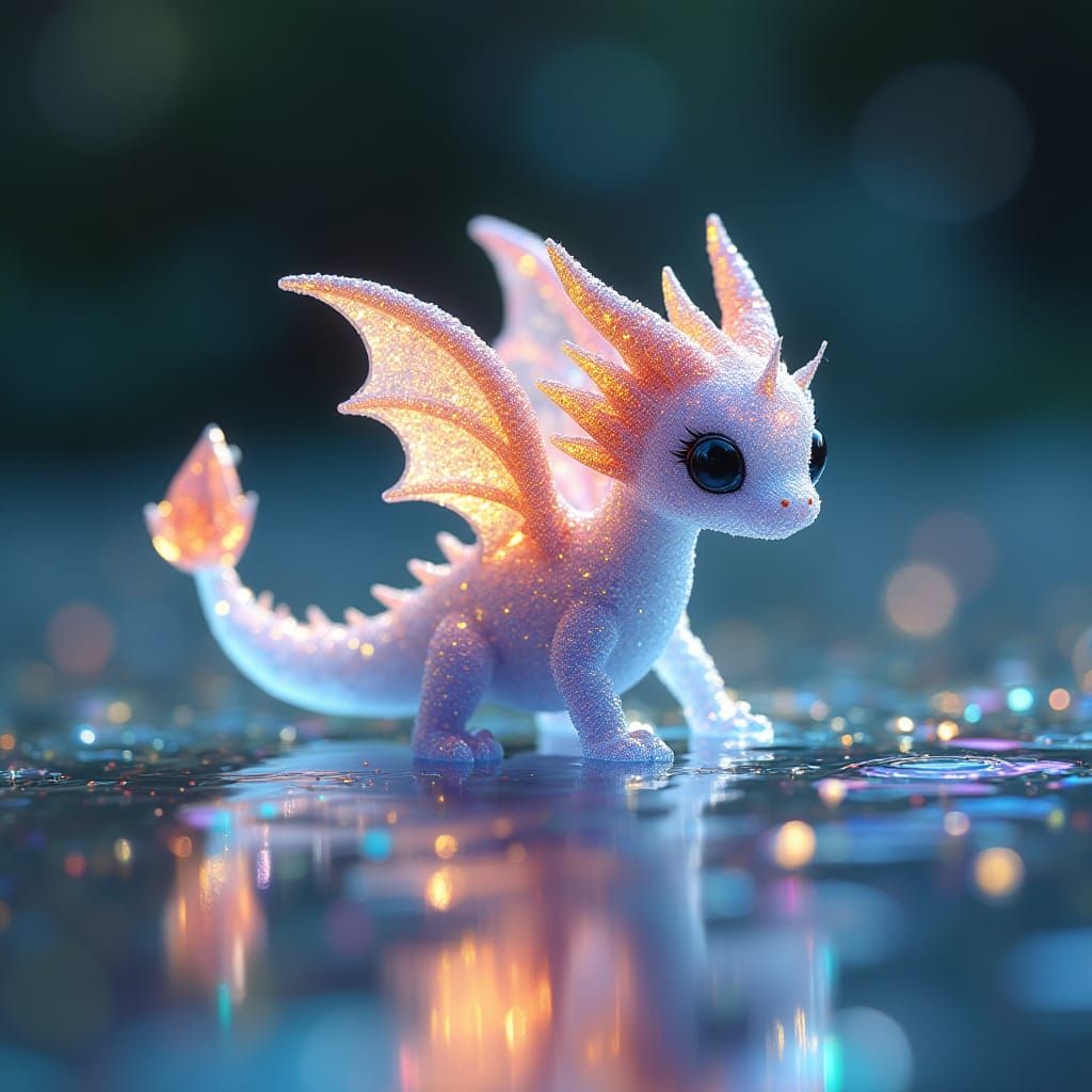 Chibi Crystal Dragon Walking on a Rainbow Pond
