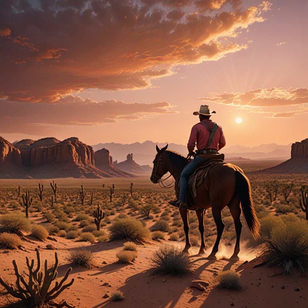 Cowboy Rides Through Desert Sunset in Hyperrealistic Matte P...