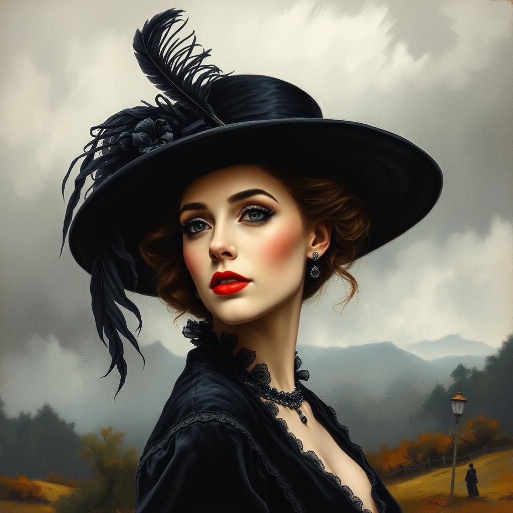 Victorian Lady in Black Velvet Oil Painting