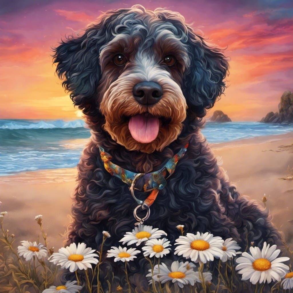 Man and Cockapoo on Sunset Beach: Detailed Matte Painting