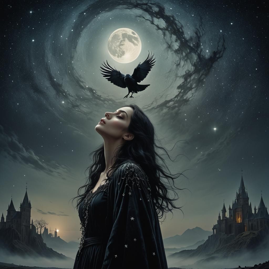 Mystical Woman with Raven in Gothic Art Style