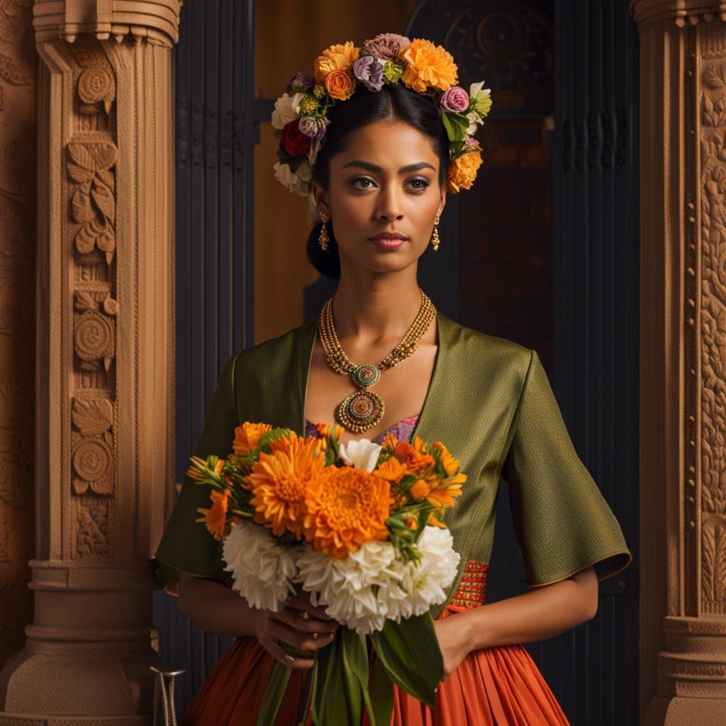 (Frida Kahlo as a florist:1.7), arranging beautiful flower crowns and bouquets, photorealism, filmic golden hour dynamic...