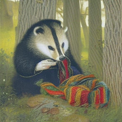Whimsical Badger Knits Scarf in Cozy Den Oil Painting