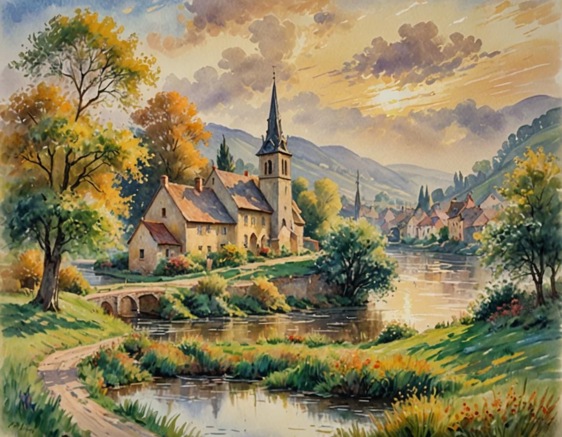 Impressionistic Village on Riverbank in Golden Light