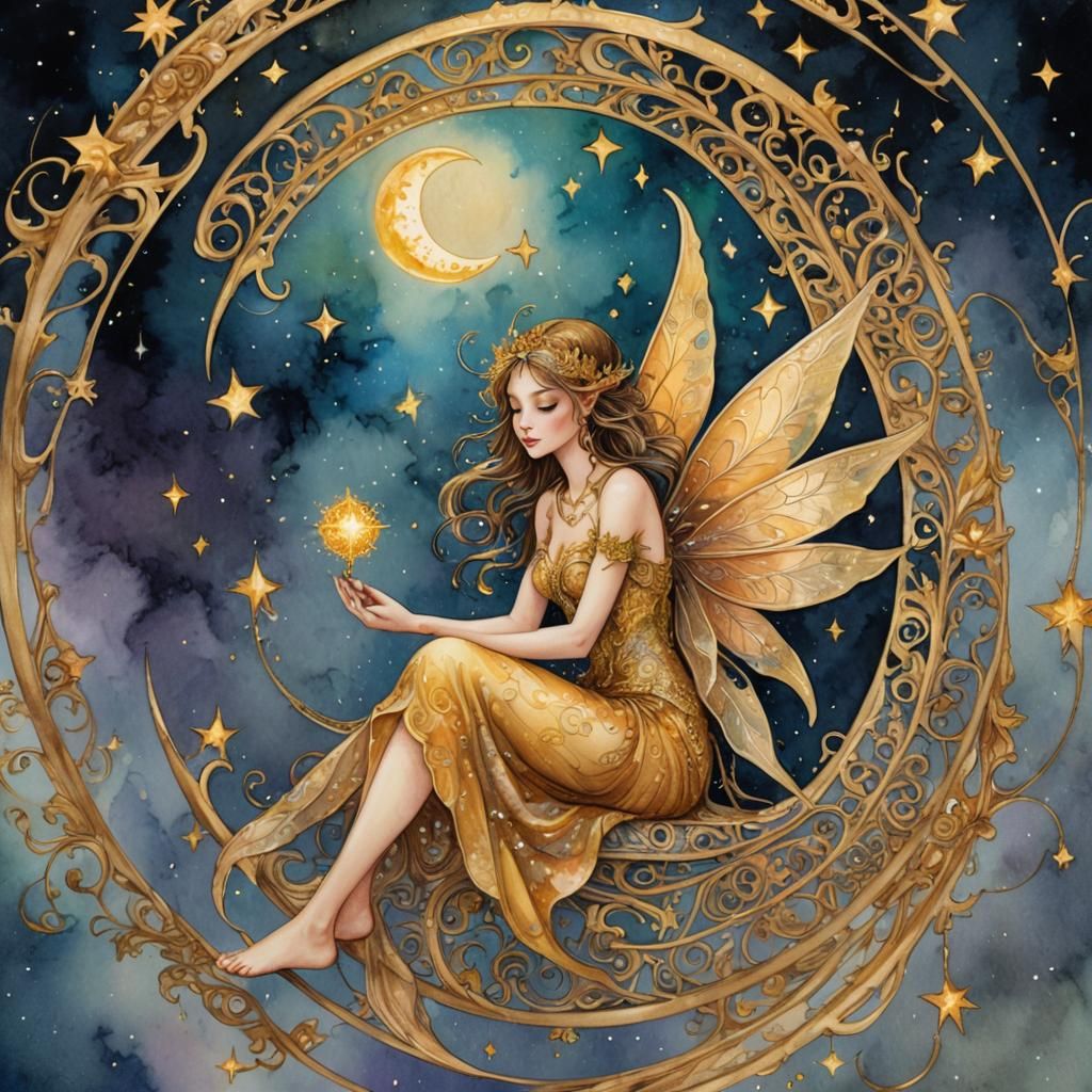 Golden Fairy in Crescent Moon: Astral Illustration