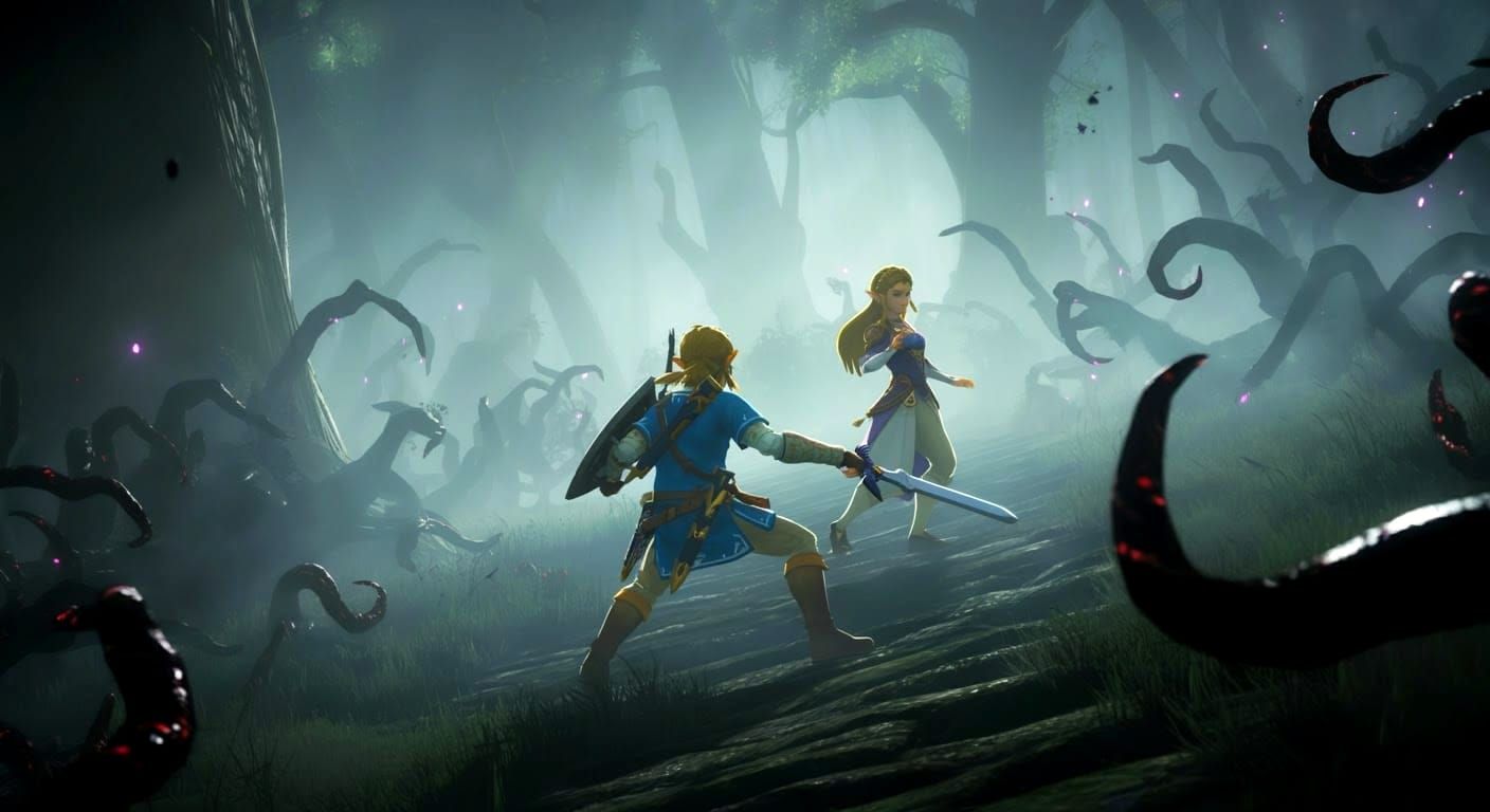 Zelda and Link Sword Fight in Anime Style