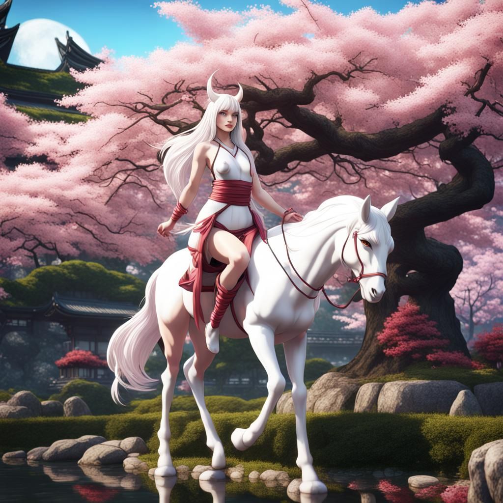 Anime Centaur Girl in Japanese Cherry Garden