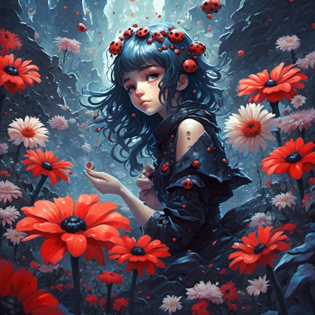 Monochromatic Ladybug in Floral Aetherpunk Splash Art