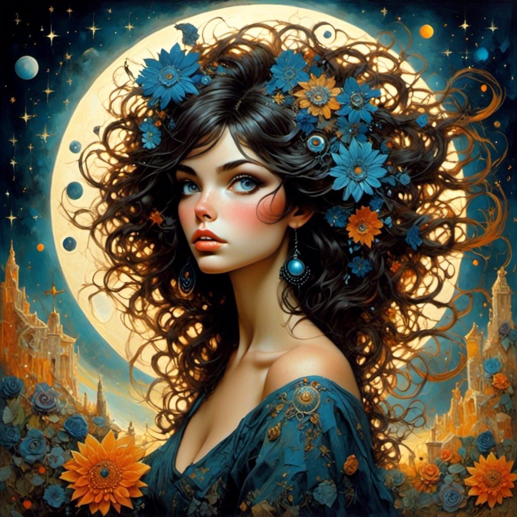 Sun and Moon Goddesses in Pop Surrealism Style
