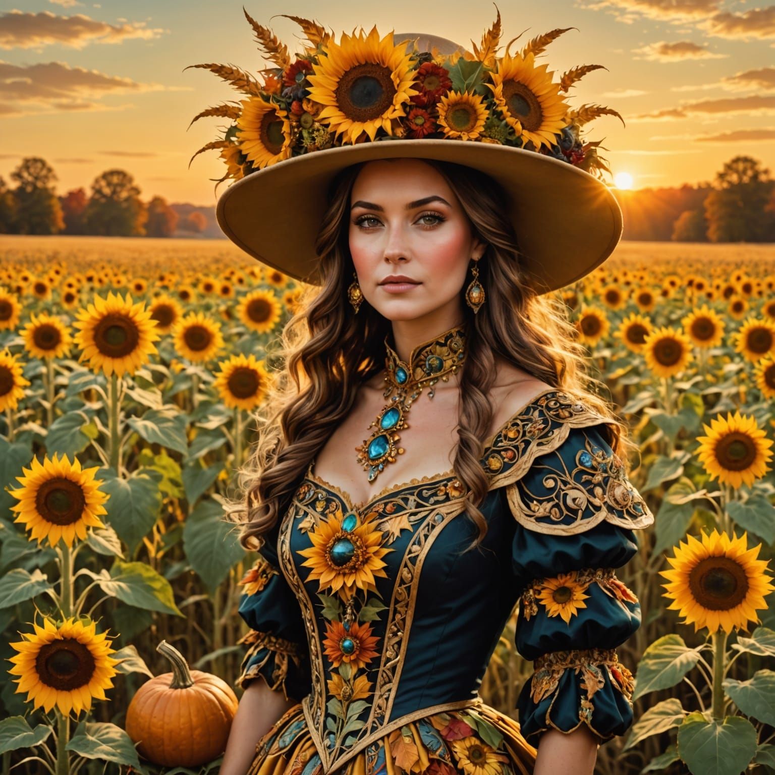Regal Woman With Autumn Harvest Hat in Golden Field