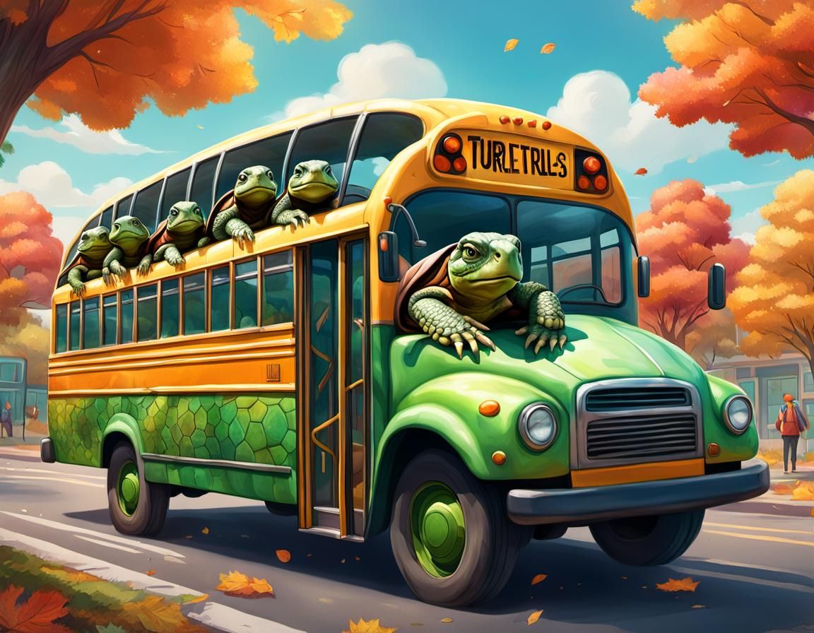 Turtle Students on School Bus in Autumn