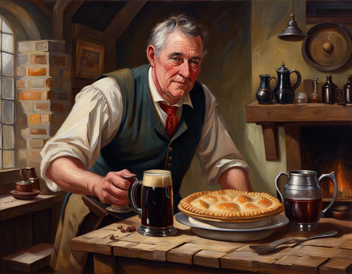 Innkeeper Serves Steak Pie, Oil Painting Style
