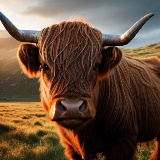 Detailed Highland Cow Portrait in Splash Art Style