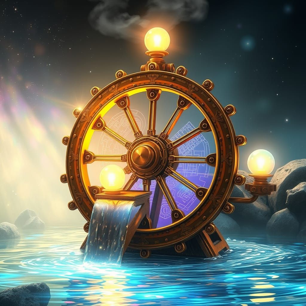 Futuristic Steampunk Waterwheel in Radiant Rainbow Universe