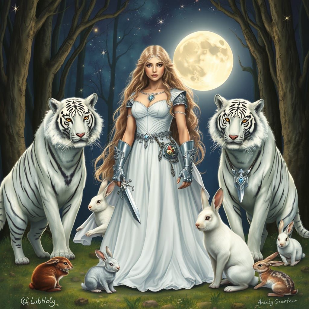 Celtic Princess Warrior Surrounded by Majestic Felines and W...