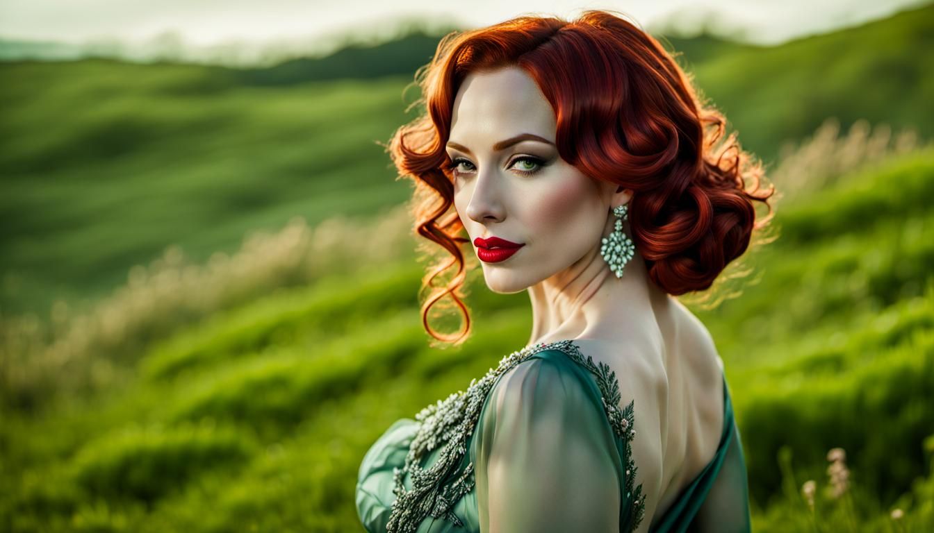 Auburn Beauty in Spring Meadow, as Oil Painting