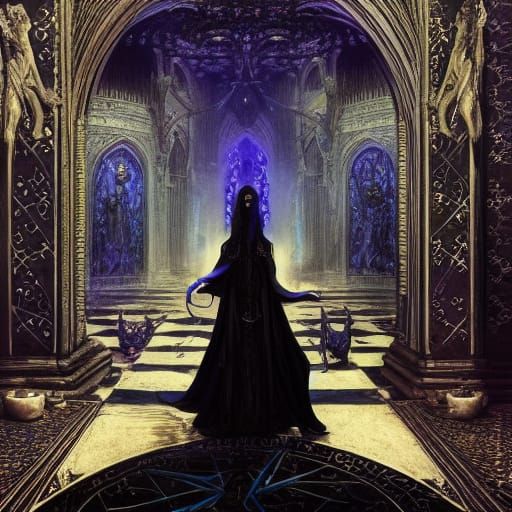 Goth Priestess in Dark Fantasy Temple, Detailed Art
